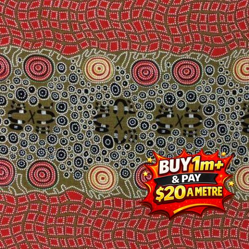 Aboriginal Fire Dreaming Olive 100% Cotton Fabric WOF 110cm- 112cm