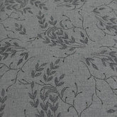 Gray 100% cotton shirting fabric with a delicate dark floral vine and leaf print.