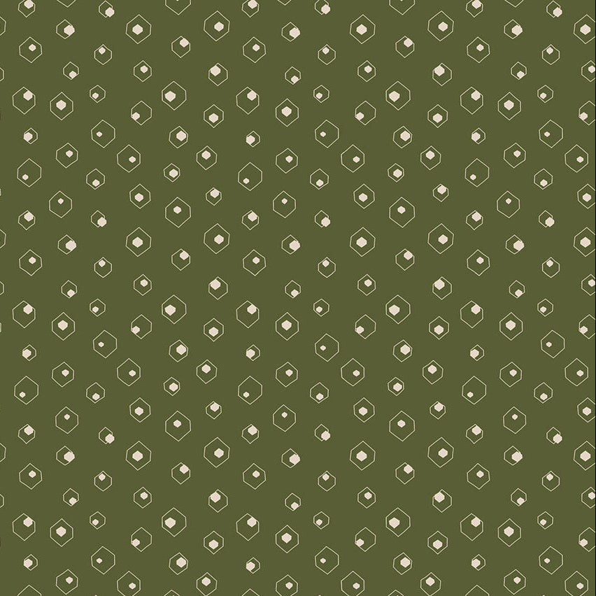 An olive green fabric pattern featuring a repeating geometric design of small white diamonds with thin tan hexagonal outlines. A 'Confidence in Textiles' certification logo is visible in the bottom-left corner.
