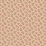 A close-up of a fabric pattern featuring small pink flowers and green leaves on a warm beige background, with a measuring ruler along the bottom edge showing the scale.