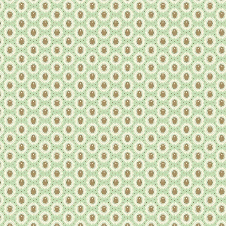 A repeating pattern of small brown and tan circular medallions on a pale mint green background.