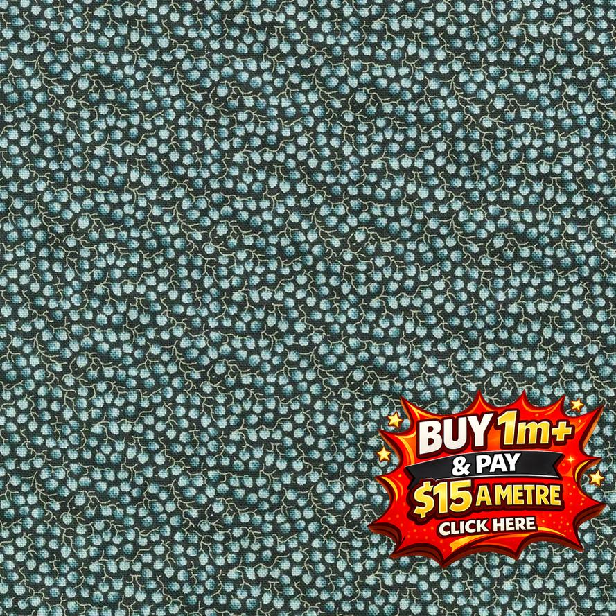 A1382T Dahlia fabric with small teal and light blue floral pattern on a dark background.