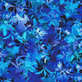 Robert Kaufman Artful Blooms fabric with a vibrant blue and black leafy floral pattern.