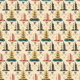A repeating fabric pattern on a cream background with stylized botanical motifs in teal, rust red, mustard yellow, and black, plus a purple ruler along the bottom edge showing measurements.