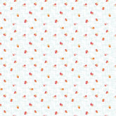 A close-up of a fabric pattern featuring small scattered floral motifs in red, orange, and yellow on a very light blue-gray background with a faint grid texture. A ruler scale is visible along the bottom edge.