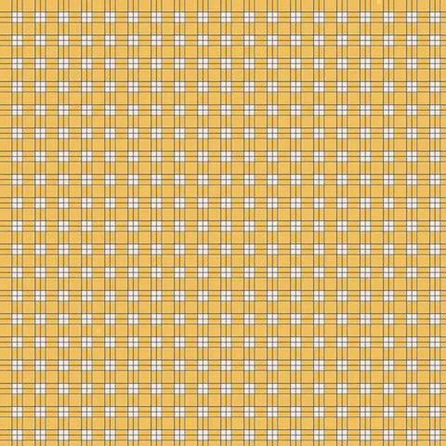 Yellow plaid fabric with thin white and dark lines, featuring an $11.00/metre price tag.