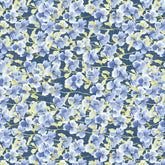 Blue fabric with a dense pattern of light blue watercolor flowers and subtle yellow foliage.
