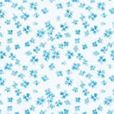 White fabric with a scattered pattern of small, light blue watercolor flowers.