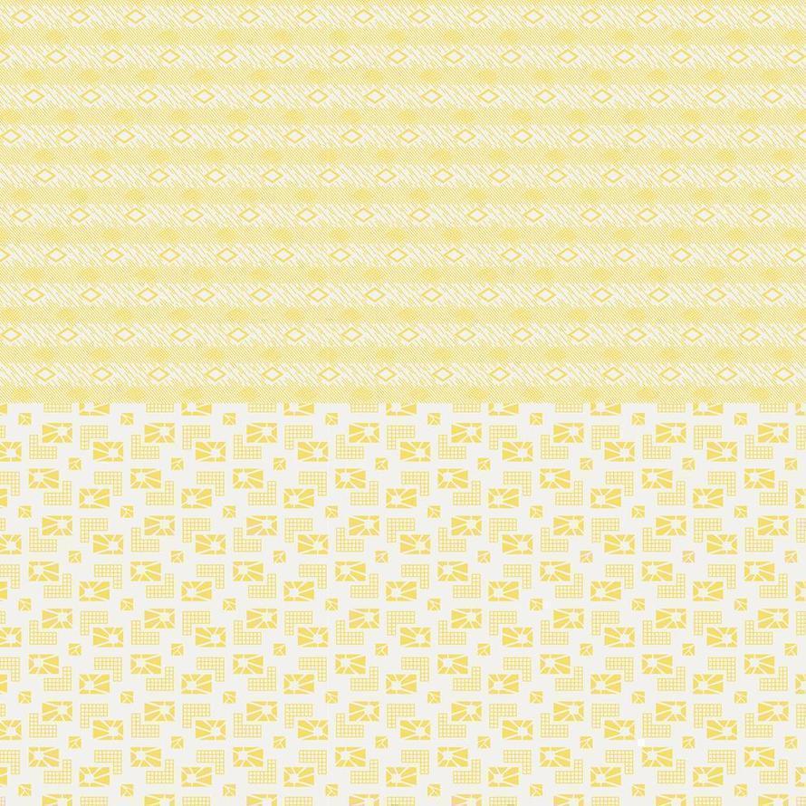 Light yellow fabric with subtle geometric and envelope patterns, featuring a red and gold " $11.00 A METRE" sale badge.