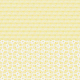 Light yellow fabric with subtle geometric and envelope patterns, featuring a red and gold " $11.00 A METRE" sale badge.