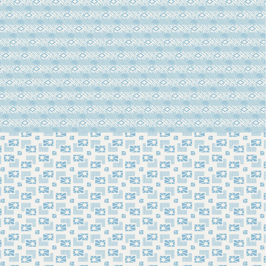 Chiara Rose Hazel 1 fabric: light blue geometric diamond and abstract patterns on a cream background.