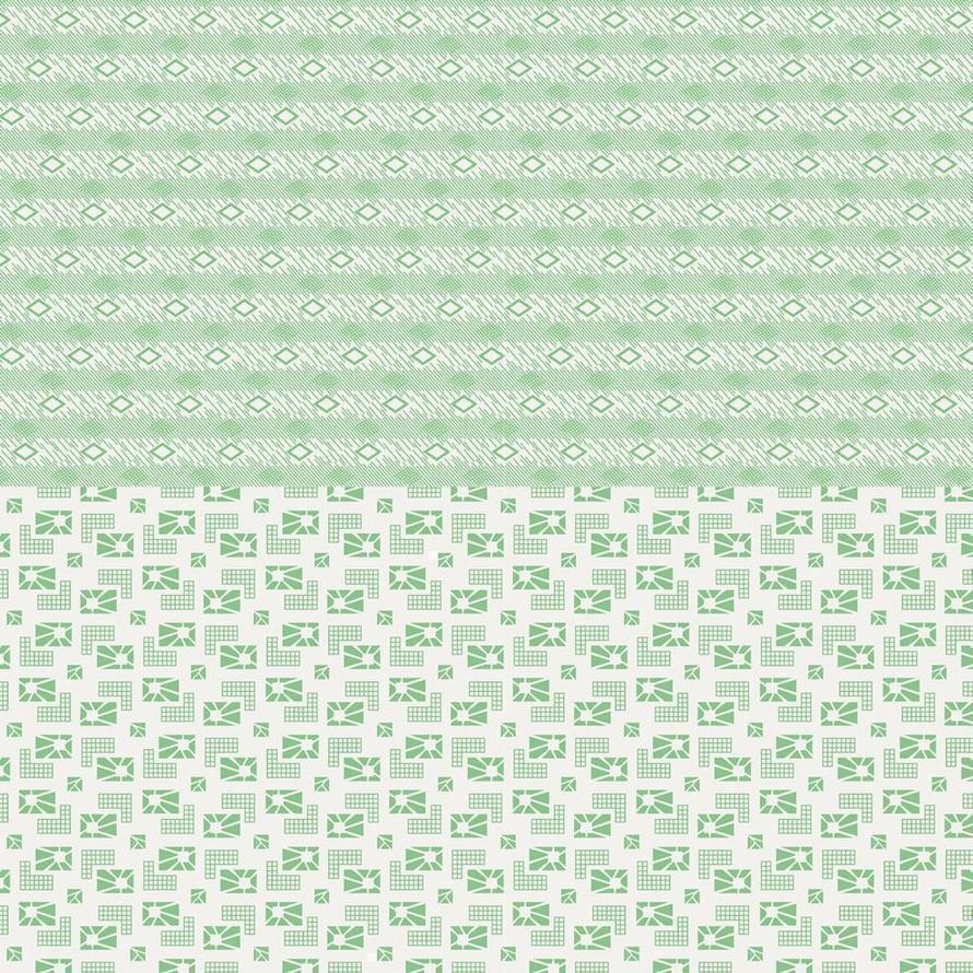 Chiara Rose Hazel 2 fabric with green geometric patterns and a "Buy 1m+ & Pay $15 a metre" graphic.