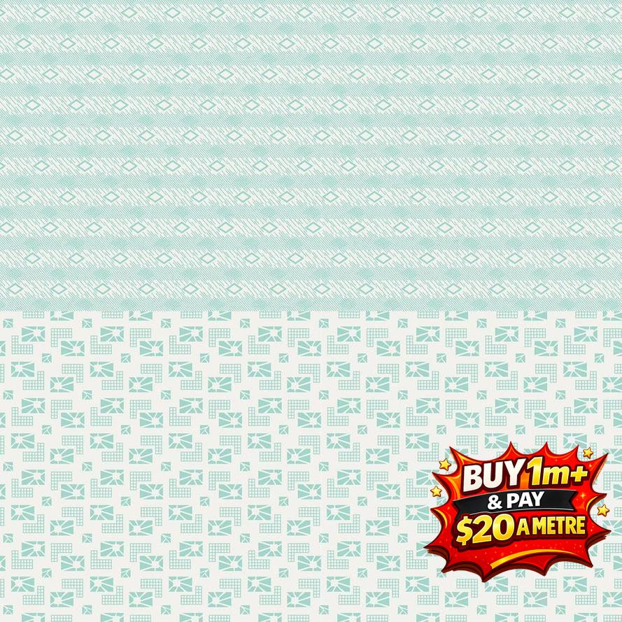 Chiara Rose Hazel 6 fabric with light blue geometric patterns and a "Buy 1m+ & Pay $20 a Metre" offer.