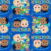 Blue CoComelon fabric with diverse cartoon kids, "Friends" and "Together" text, and a red "Buy 1m+" graphic.