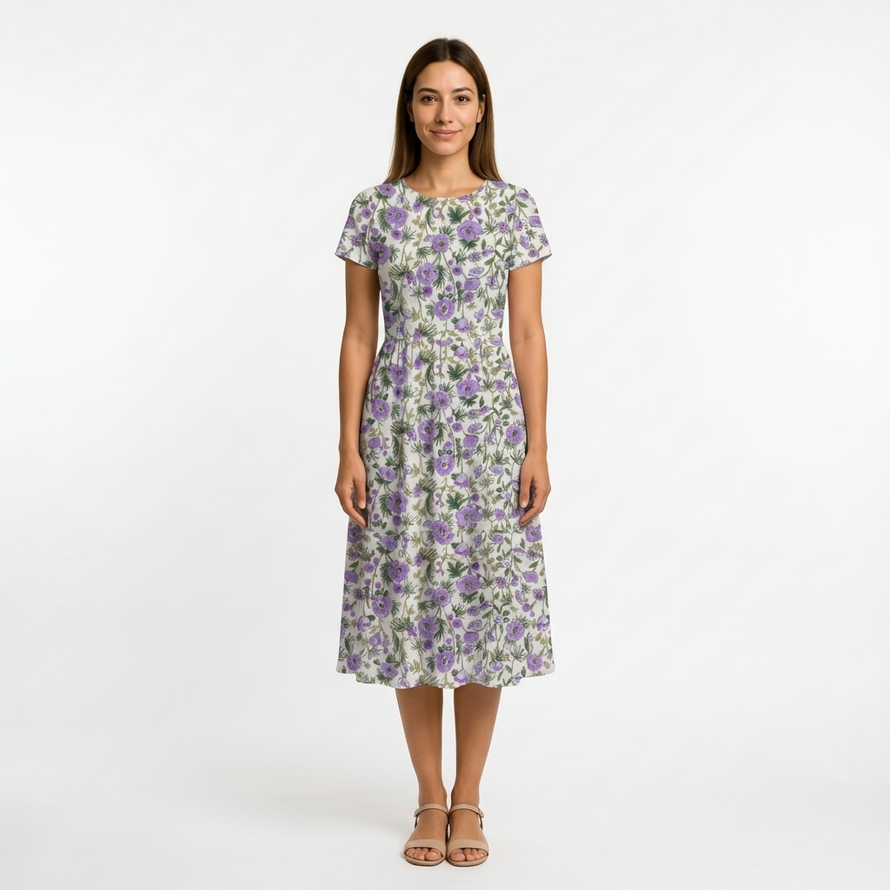 Woman in a white cotton lawn dress with purple floral print, short sleeves, and a gathered waist.