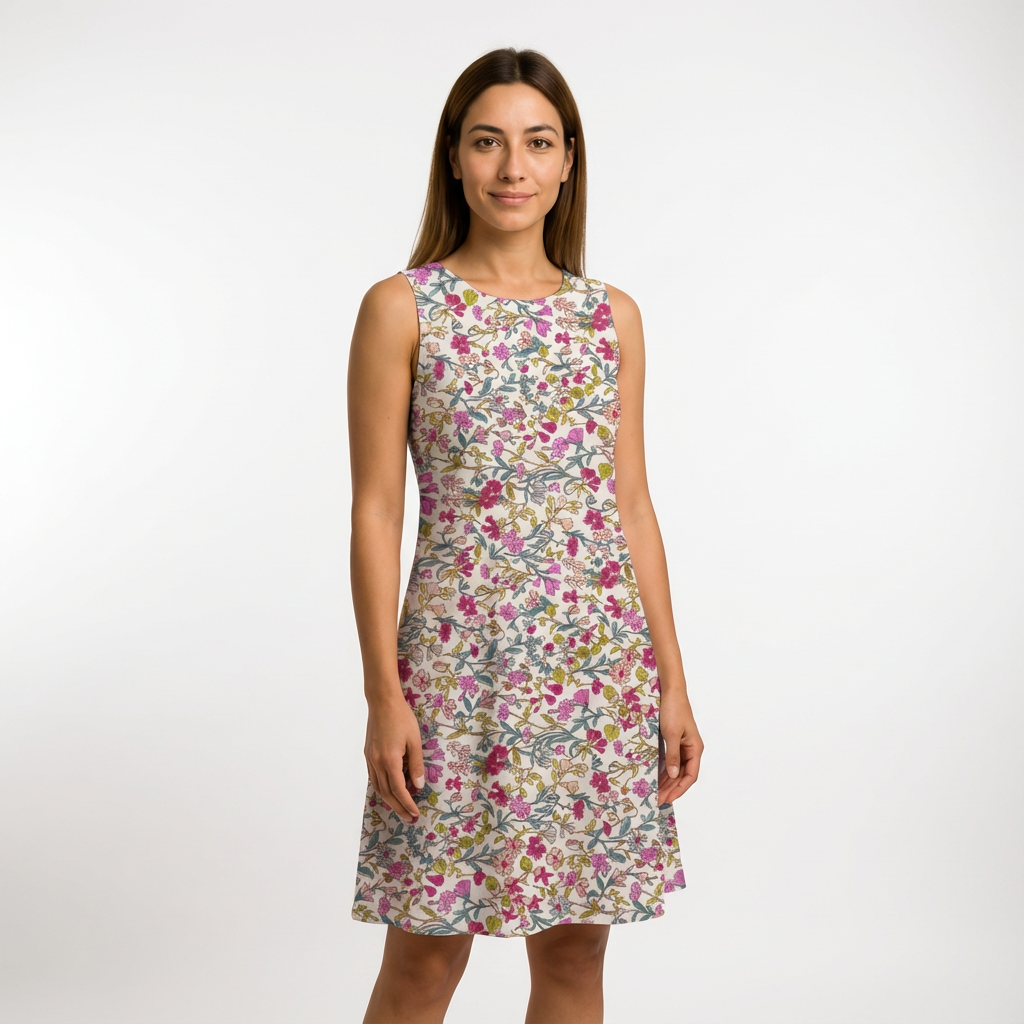 Woman in a sleeveless, knee-length dress made from white cotton lawn fabric with a vibrant pink and green floral print.