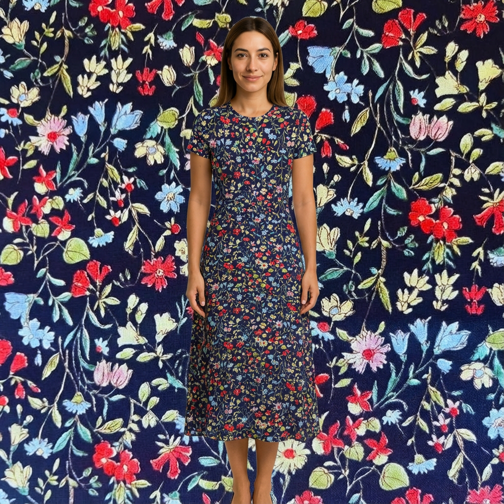 Woman in a navy blue cotton lawn dress with a vibrant red, blue, and white floral print.
