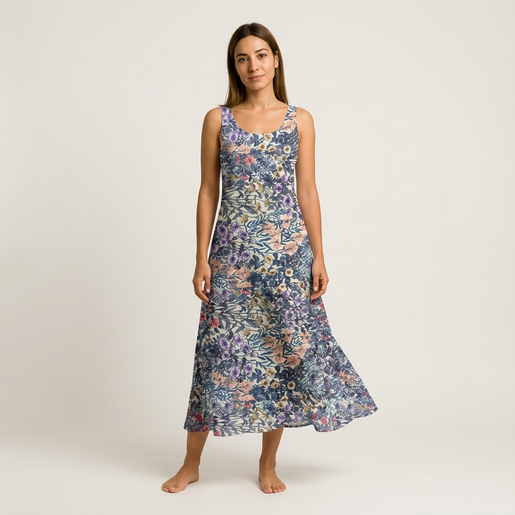 Woman wearing a sleeveless, flowy cotton lawn dress with a blue, purple, and pink floral print.