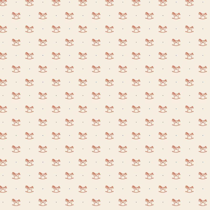 A repeating pattern of small orange rocking horses and tiny blue dots on a warm cream background.