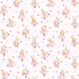 A repeating watercolor pattern of cute bunny ballerinas in pink tutus on a very light pink background, with small pink dots and gray sparkles.