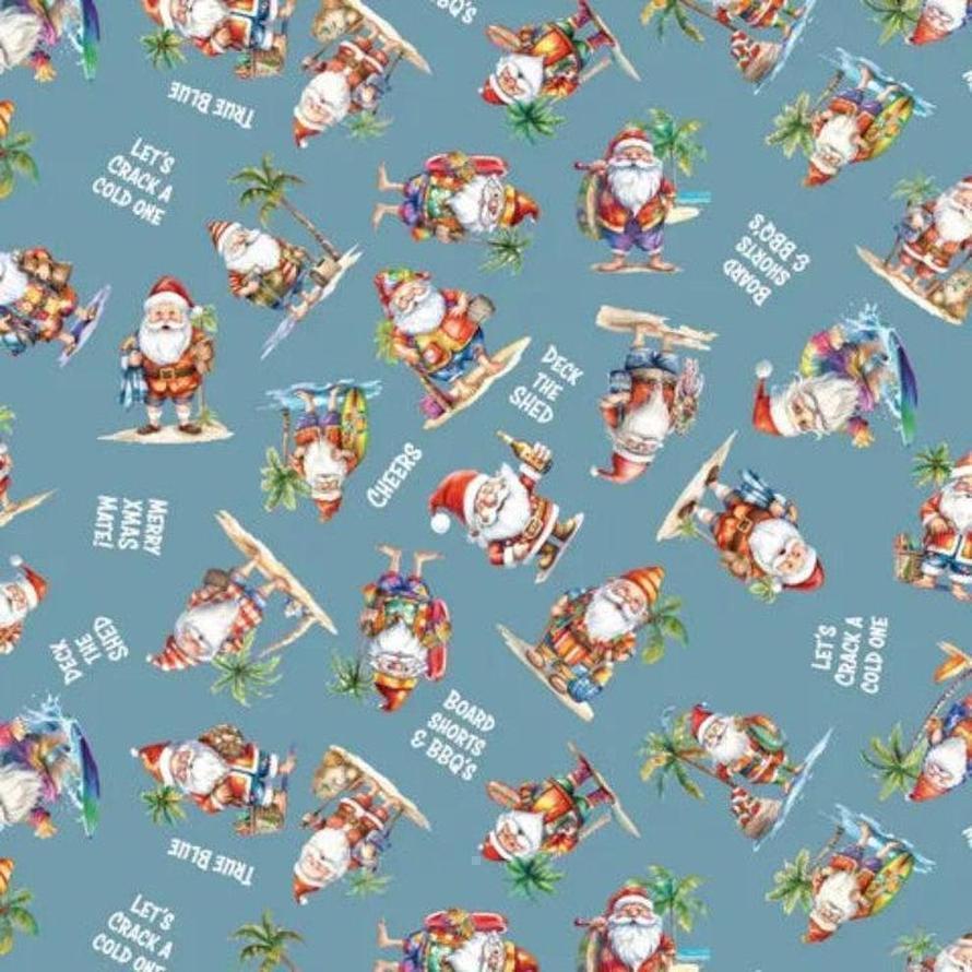 Devonstone Old Mate DV6363 fabric with Santa Claus surfing and relaxing on a light blue background.