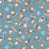 Devonstone Old Mate DV6363 fabric with Santa Claus surfing and relaxing on a light blue background.