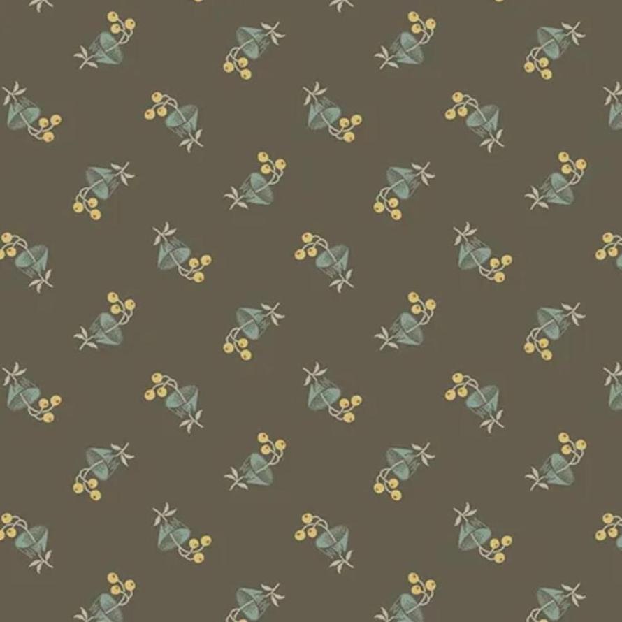 English Garden fabric with small blue and yellow floral sprigs on a brown background.