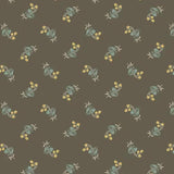English Garden fabric with small blue and yellow floral sprigs on a brown background.