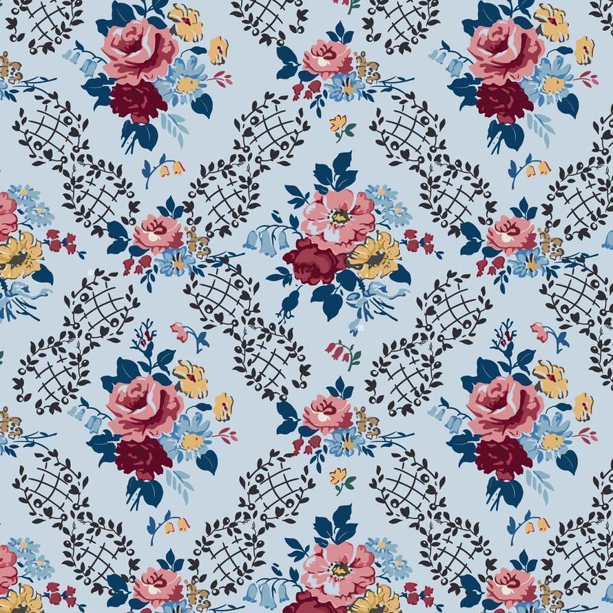 Forget-Me-Not Rose Penelope Blue cotton fabric with pink, red, and yellow floral pattern.