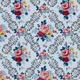 Forget-Me-Not Rose Penelope Blue cotton fabric with pink, red, and yellow floral pattern.