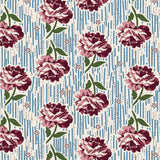 Burgundy rose floral cotton fabric with blue stripes and tiny star patterns.
