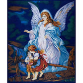 Guardian Angel Panel: Blue fabric with a large angel watching over two children crossing a wooden bridge.