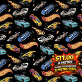 Black fabric with colorful Hot Wheels race cars, flames, and "68" logos.