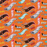 Orange fabric with a repeating pattern of colorful Hot Wheels logos and "Made to Race" text.