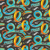 Charcoal fabric with repeating Hot Wheels race track design, blue and orange loops, cars, and "Race to Win" text.