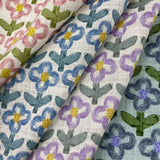 Hanako cotton printed poplin fabric with colorful floral design in pink, blue, and purple.