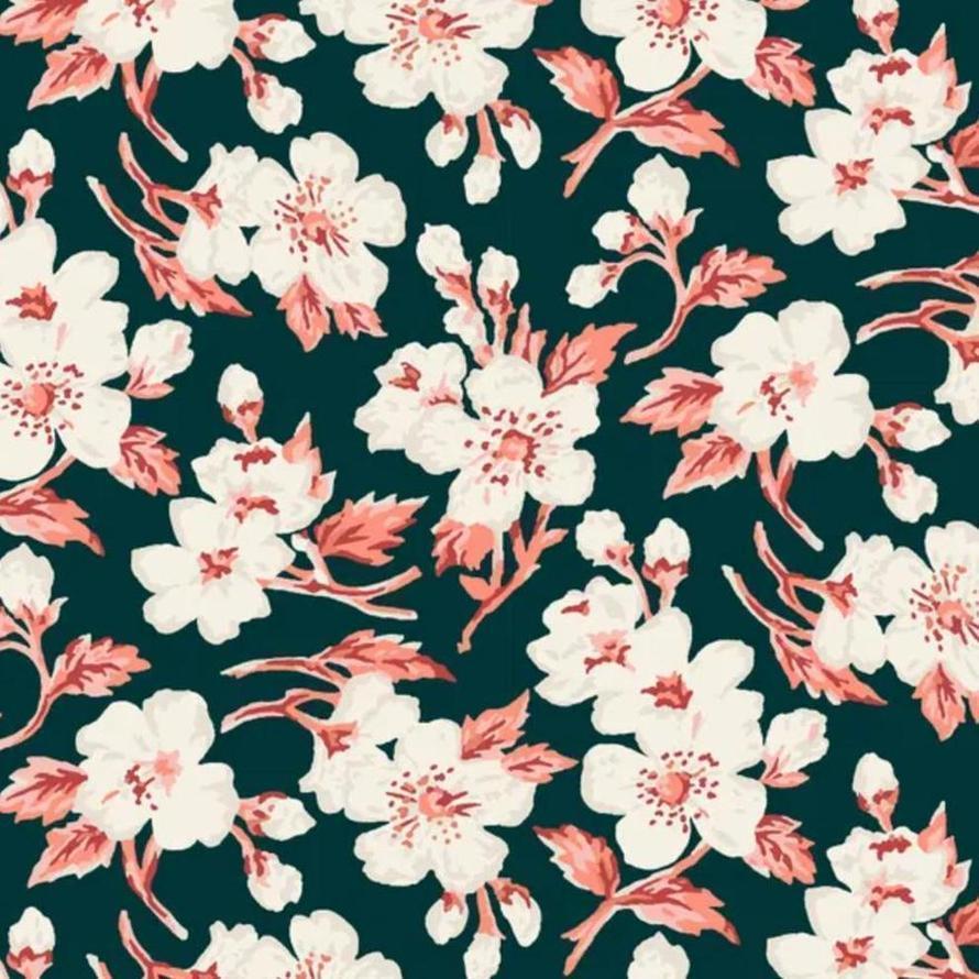 Liberty Arthurs Garden 2 fabric with white and pink floral pattern on a dark teal background.