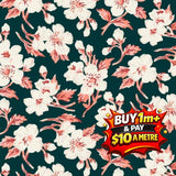 Liberty Arthurs Garden 2 fabric with white and pink floral pattern on a dark teal background.