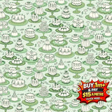 Light green fabric with white cakes on stands, priced at $11.00 a metre.