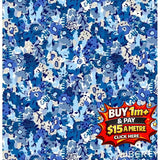 LIBERTY Garden Party Meadow Haze fabric, blue floral print with white and grey accents.