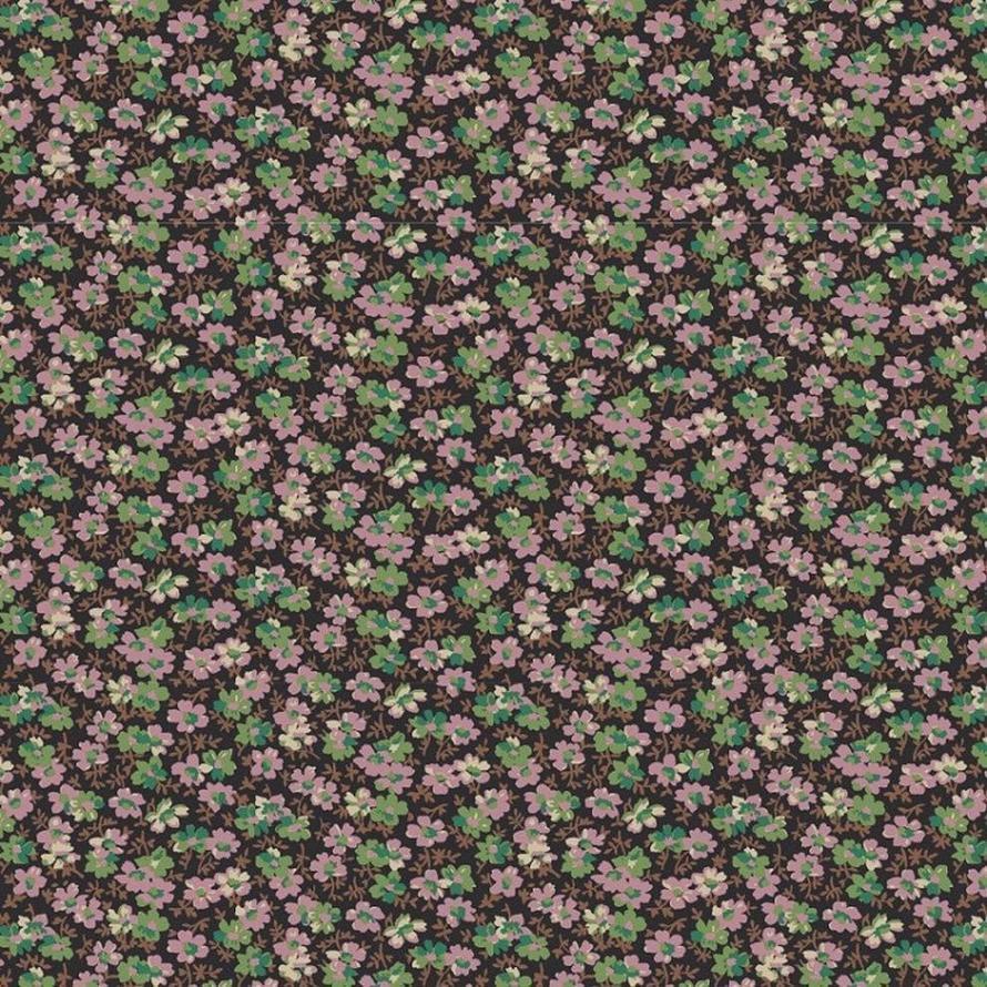 Lucello Rue Floriane VIOLETTE DV5113 fabric with small pink and green floral print on dark background.