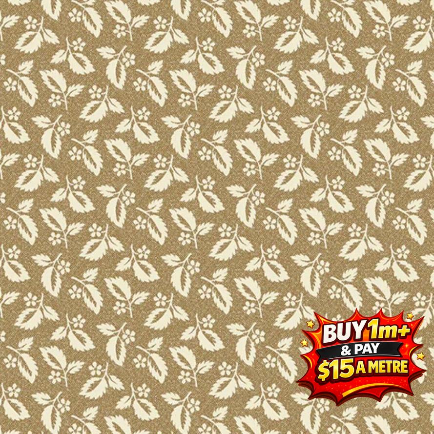 Tan fabric with repeating cream-colored leaf and berry pattern, featuring a price tag.