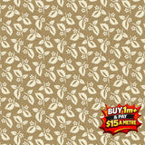 Tan fabric with repeating cream-colored leaf and berry pattern, featuring a price tag.