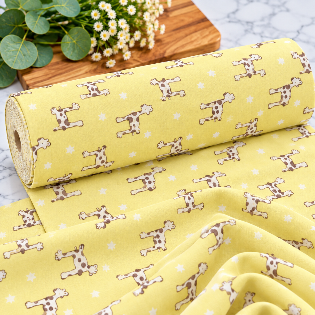 Giraffes & Stars Lemon – premium cotton remnant, 46cm x 55cm