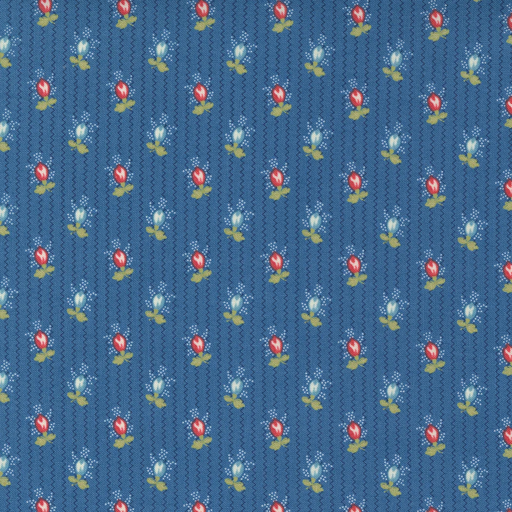 A repeating pattern of small red and white flowers with yellow-green leaves on a textured blue background.