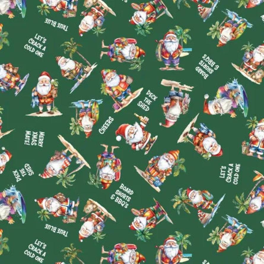 Green fabric with Santa Claus in board shorts surfing and relaxing, plus text like "Deck the Shed.