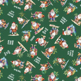 Green fabric with Santa Claus in board shorts surfing and relaxing, plus text like "Deck the Shed.