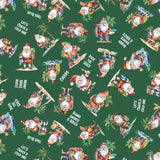 Green fabric with Santa Claus in board shorts surfing and relaxing, plus text like "Deck the Shed.