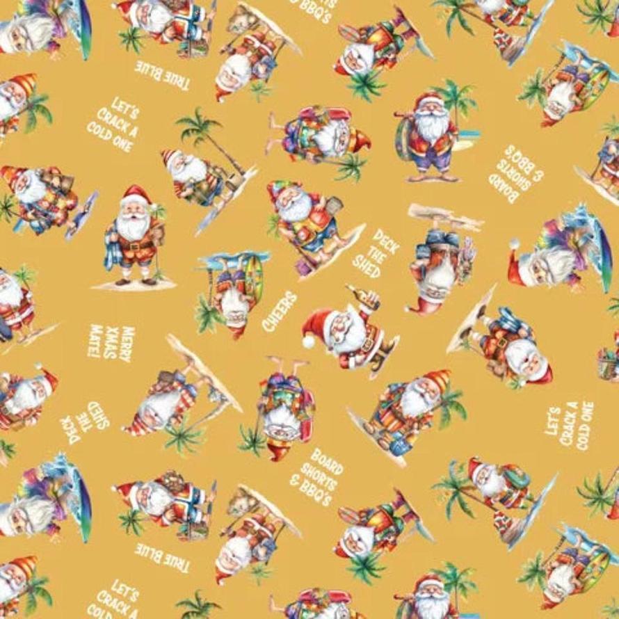 Yellow fabric with surfing Santas, palm trees, and Australian Christmas phrases.