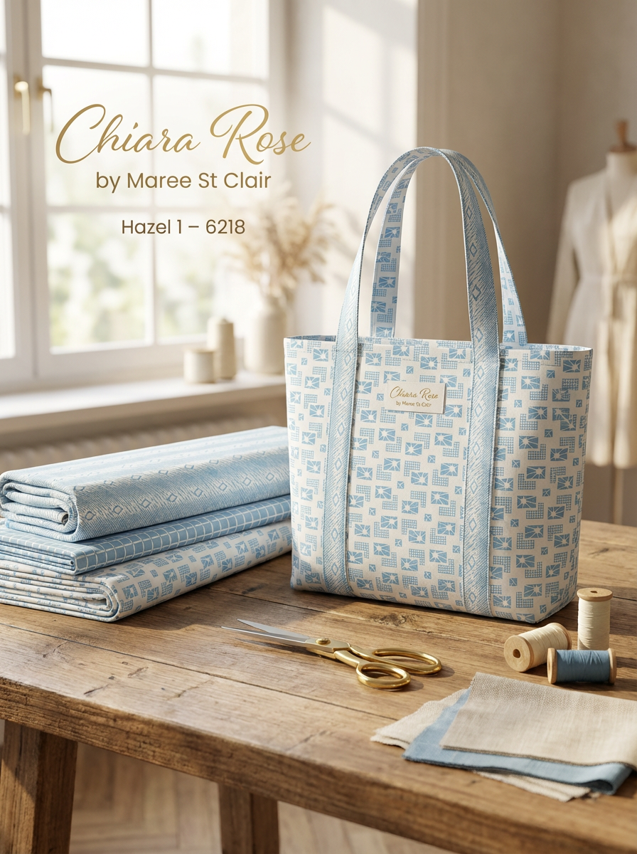Chiara Rose Hazel 1 light blue patterned fabric, folded and as a tote bag, with sewing supplies.